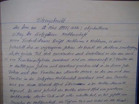 Nachbarlade Birthälm – Sitzungsprotokoll Salzgässer Nachbarschaft 1995, Teil 1 (vergrößert)